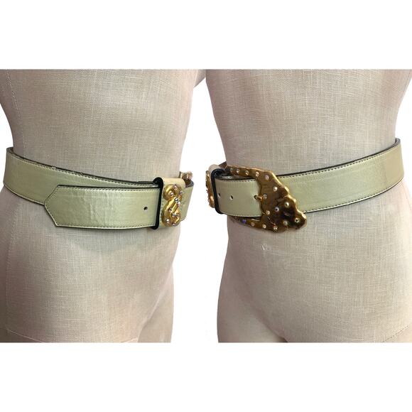 Vintage Gold Leather Rhinestone Buckle Statement Belt Marcella Romaya